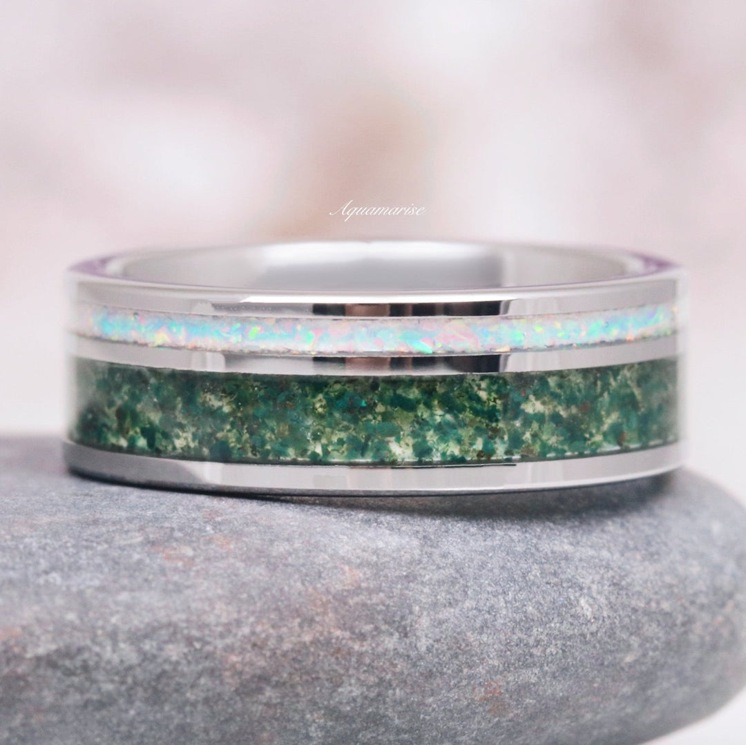 Moss Agate & Fire Opal Wedding Band- 8MM Tungsten