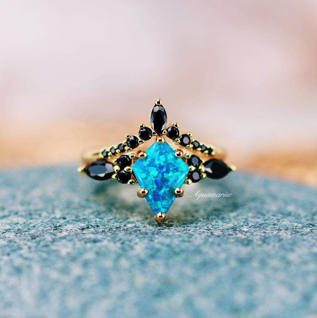 Skye Kite™  Blue Fire Opal & Black Onyx Ring Set- 14K Yellow Gold Vermeil