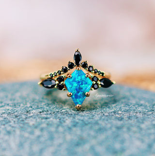 Skye Kite® Blue Fire Opal, Meteorite & Starry Night Couples Ring Set