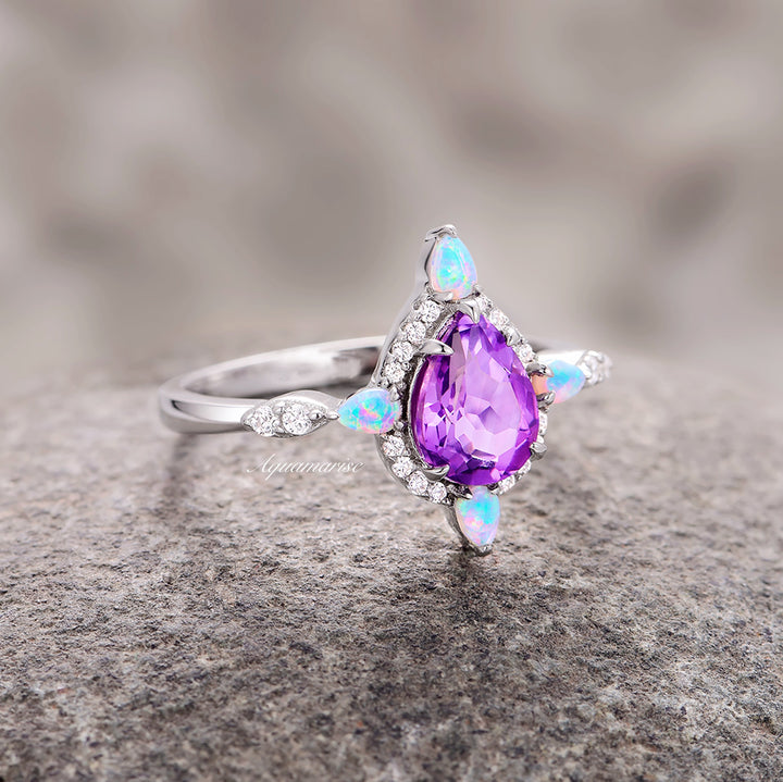 Amethyst & Galaxy Fire Opal Couples Ring