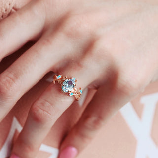 Aquamarine & Fire Opal Leaf Engagement Ring in 14K Solid Rose Gold