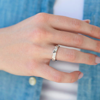 Hand wearing a gold ring with a blue denim background