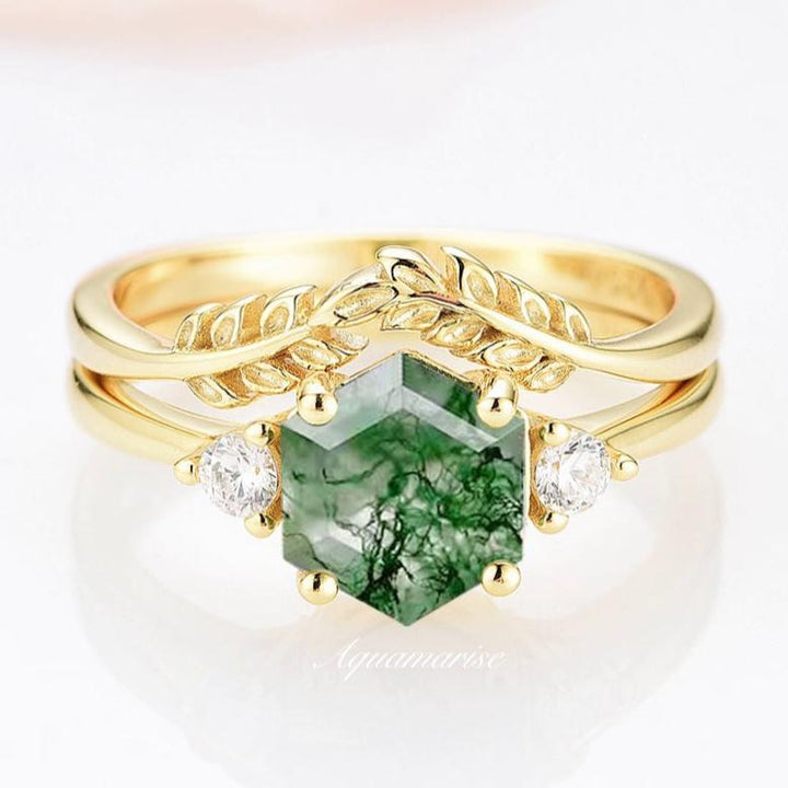 Natural Moss Agate Fairy Leaf Ring Set- 14K Yellow Gold Vermeil