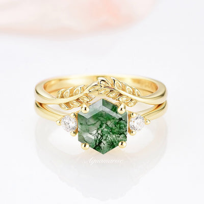 Natural Moss Agate Engagement Ring Set For Woman- Hexagon Cut Alternative Engagement Ring Nature Inspired Leaf Ring 14K Yellow Gold Vermeil