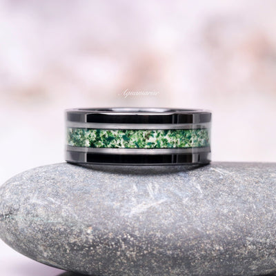 Green Moss Agate Wedding Band For Men- Black Tungsten Ring 8mm Comfort Fit Flat Polish Nature Wedding Ring Birthday Anniversary Gift For Him
