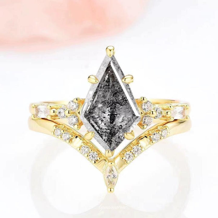 Skye Kite™  Galaxy Raw Salt & Pepper (Herkimer) Diamond Ring Set- 14K Yellow Gold Vermeil