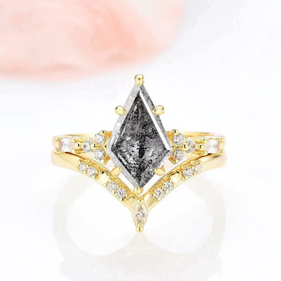 Galaxy Raw Salt and Pepper Diamond Ring Set For Women- Unique Kite Engagement Ring Geometric Diamond Promise Ring- 14K Yellow Gold Vermeil