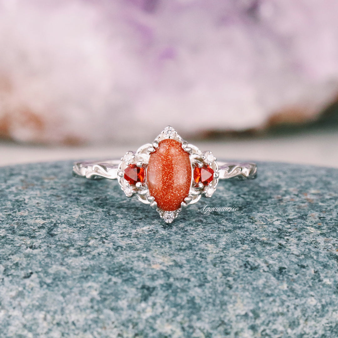 Esme Red Sandstone & Orange Sapphire Ring- 925 Sterling Silver