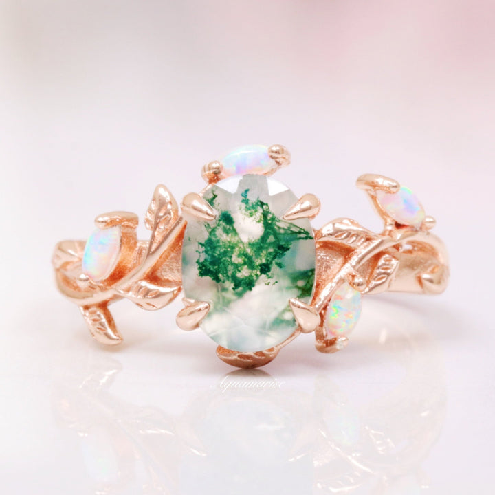 Green Moss Agate & Opal Leaf Ring- 14K Solid Rose Gold