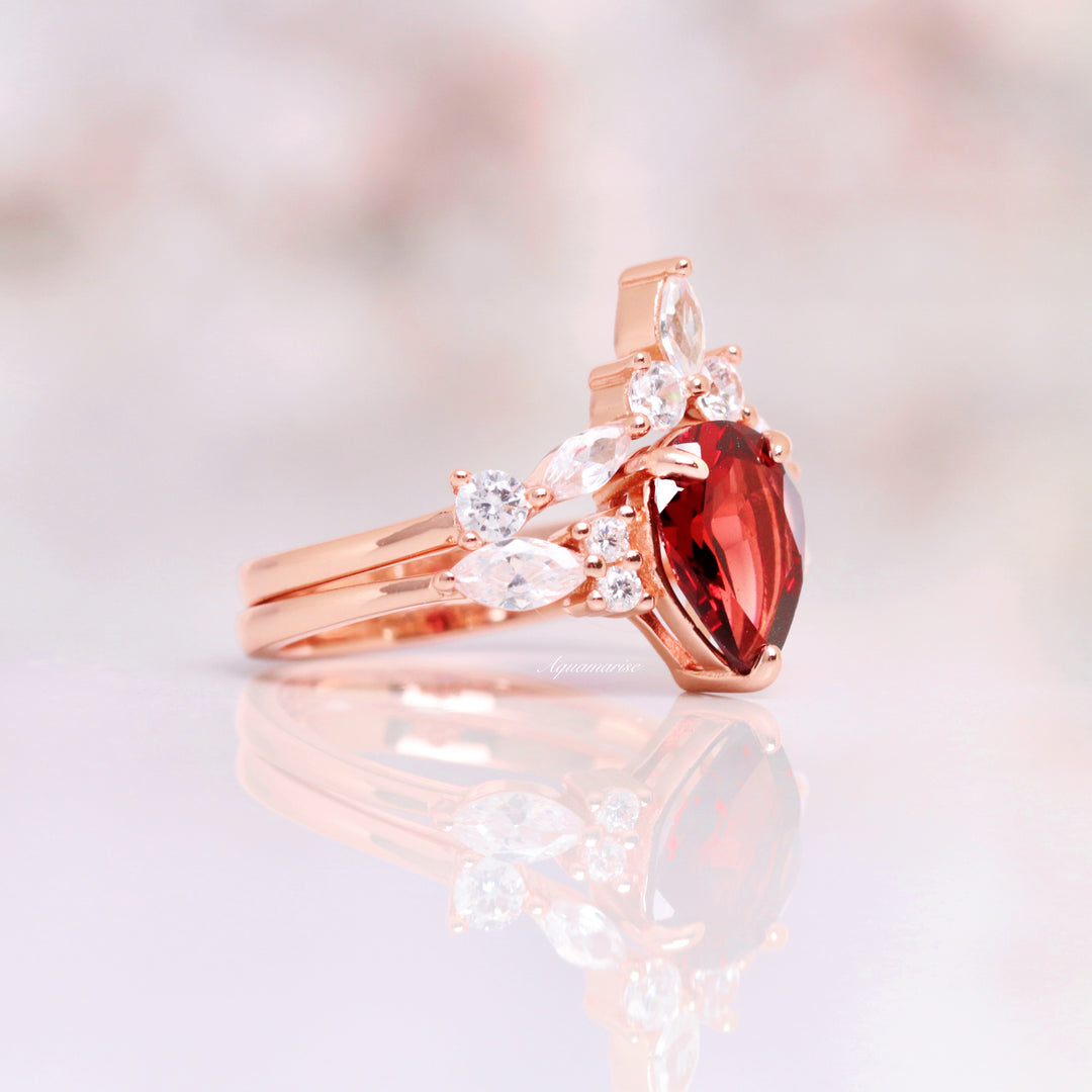 Evelyn Red Garnet Ring Set- 14K Solid Rose Gold