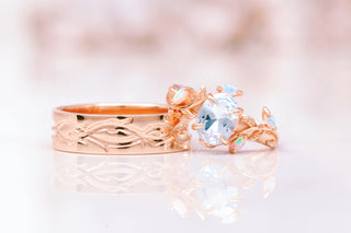Aquamarine & Fire Opal Leaf Engagement Ring in 14K Rose Gold Vermeil