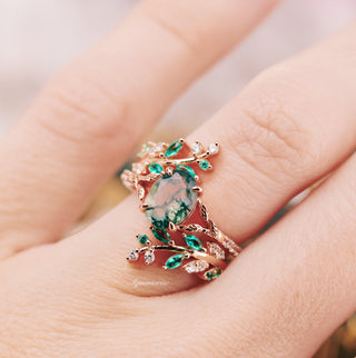 Green Moss Agate & Emerald Leaf Engagement Ring Set in 14K Solid Rose Gold
