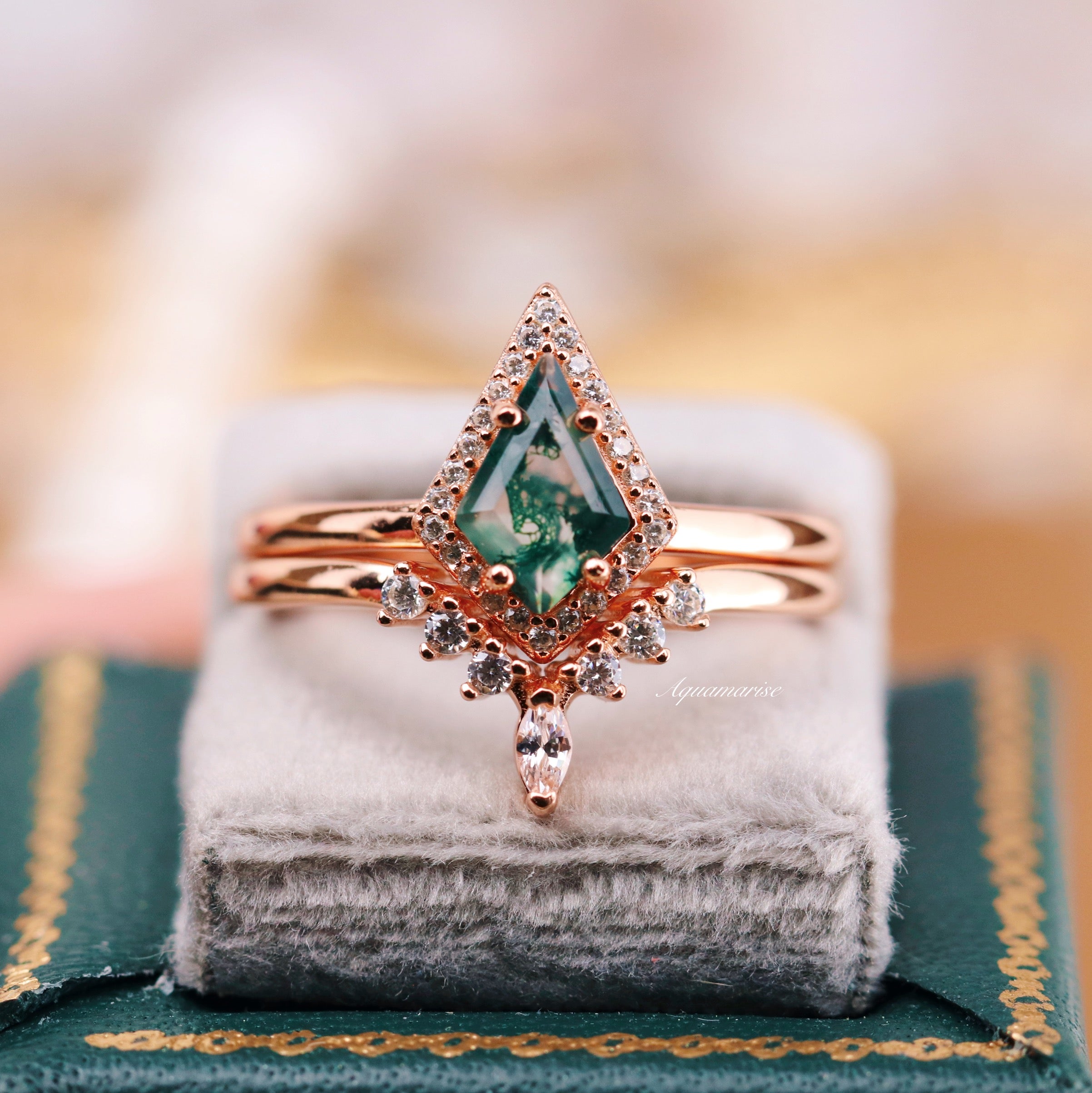Kite Cut Green Moss Agate Engagement Ring Set in 14K Solid Rose