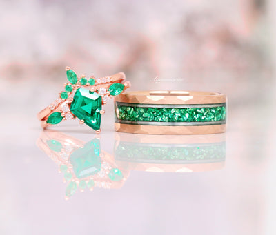 Crushed Emerald Rose Gold Men's Wedding Band Hammered Emerald Ring- 8mm Tungsten Men's Emerald Wedding Band Brushed Comfort Fit Gift for Him
