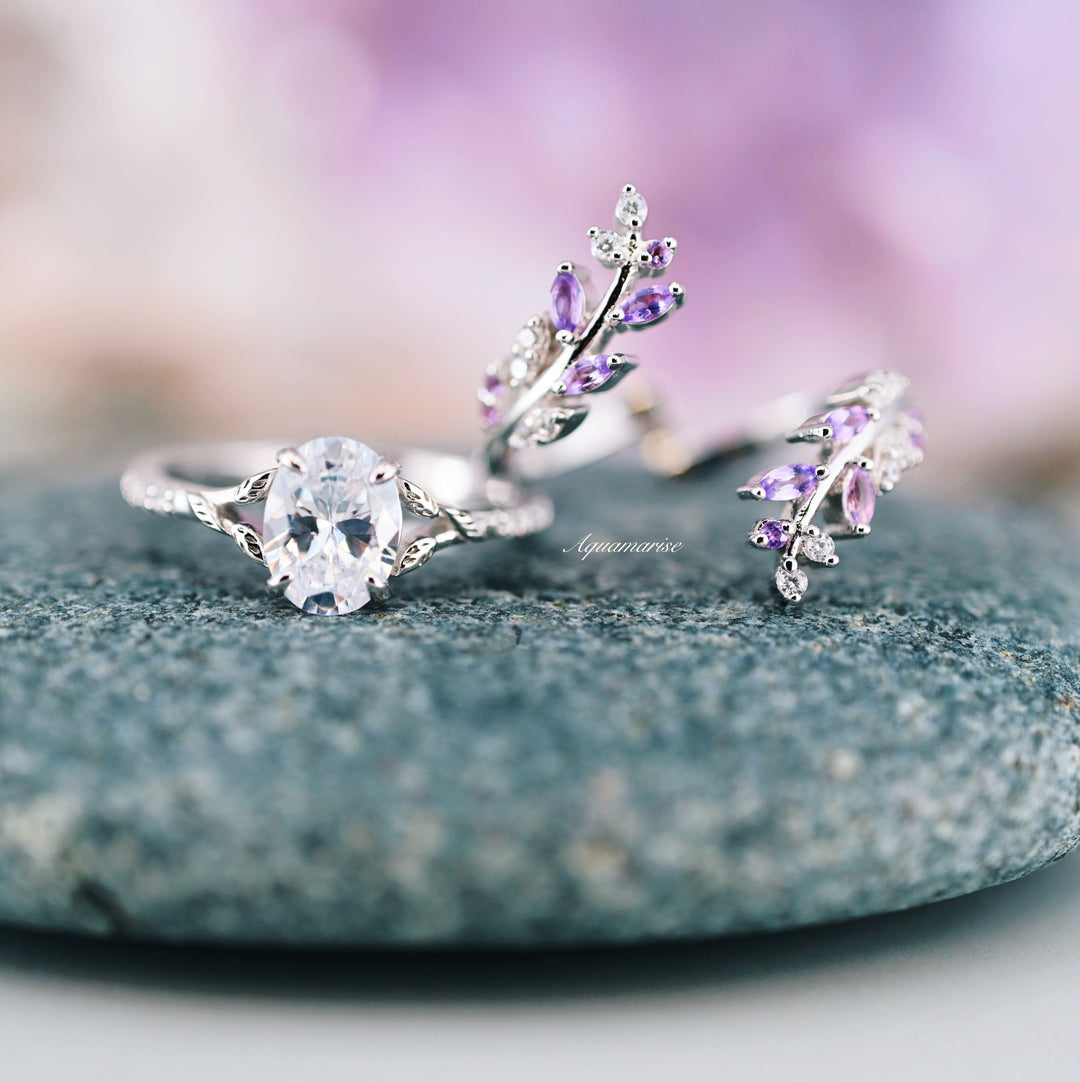 Fairy Amethyst & Diamond Engagement Leaf Ring Set- 925 Sterling Silver