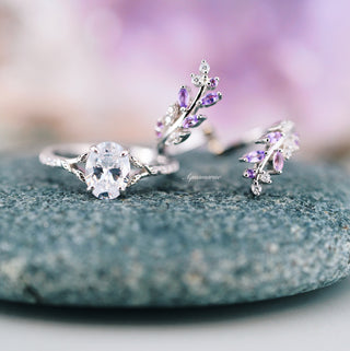 Simulated Diamond & Amethyst Leaf Couples Ring Set