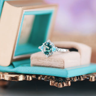 Moss Agate & Opalescent Sapphire Engagement Ring in 14K White Gold