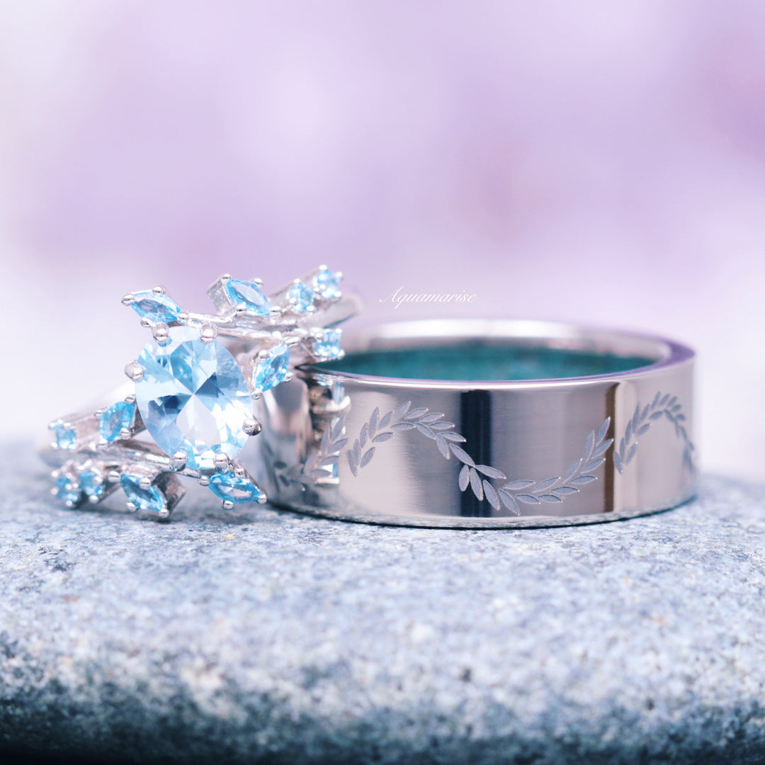 Aquamarine Fairy Leaf Engagement Ring- 14K White Gold