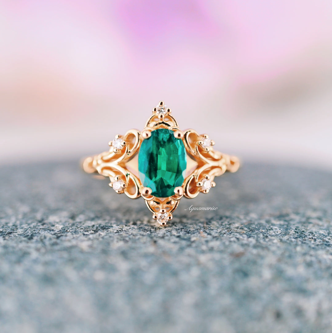 Maeve Emerald Oval Fairy Engagement Ring- 14K Solid Yellow Gold