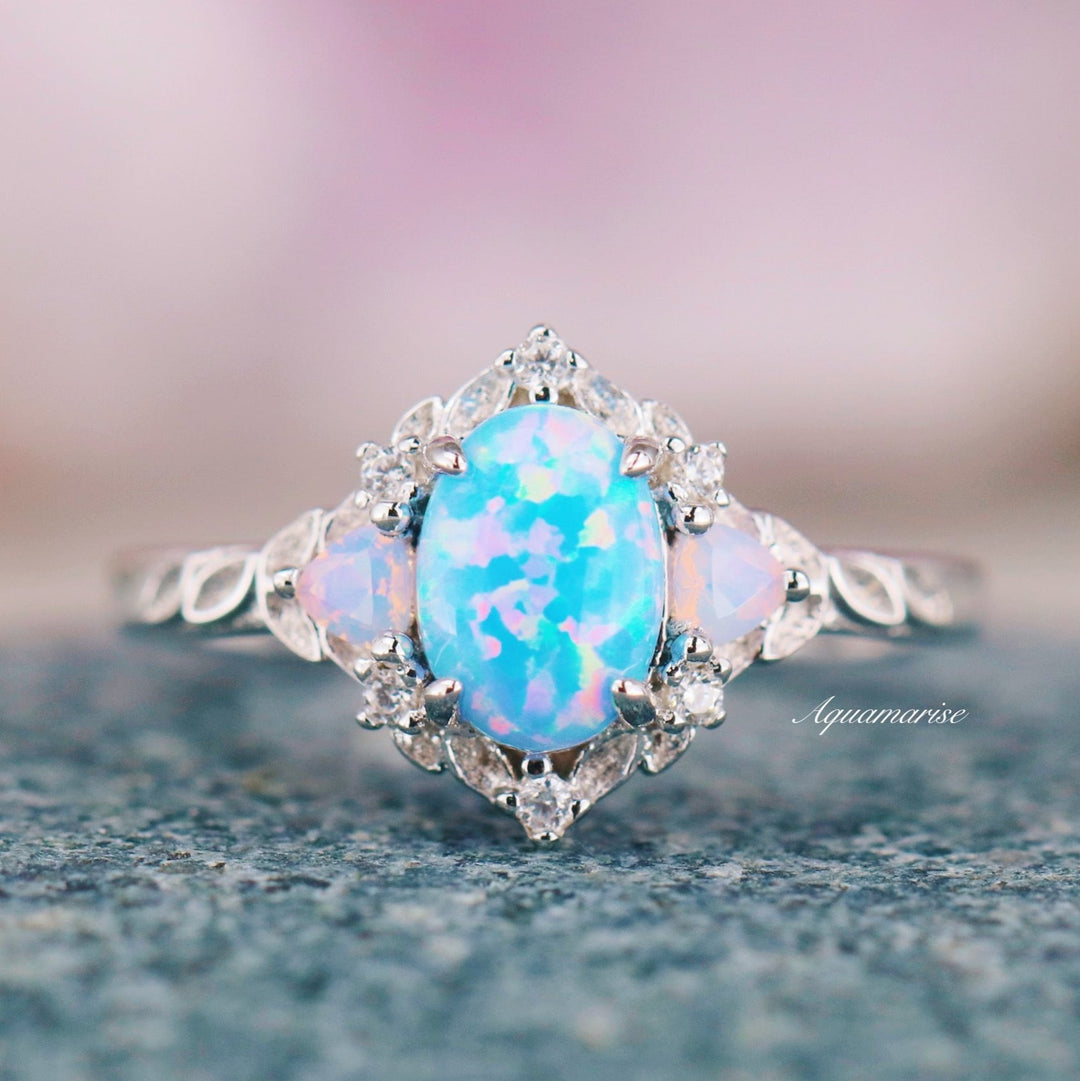 Blue Fire Opal & Opalescent Sapphire Leaf Fairy Ring- 925 Sterling Silver