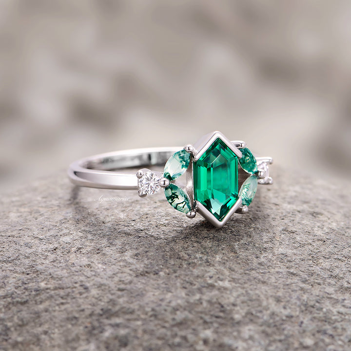 Hexagon Emerald & Moss Agate Leaf Ring- 14K White Gold