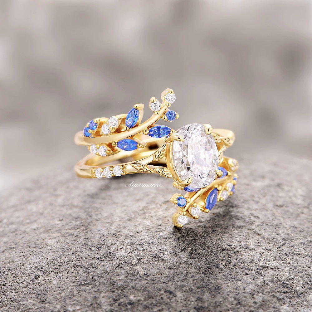 Blue Sapphire & Diamond (cz) Engagement Ring Set- 14K Yellow Gold Vermeil