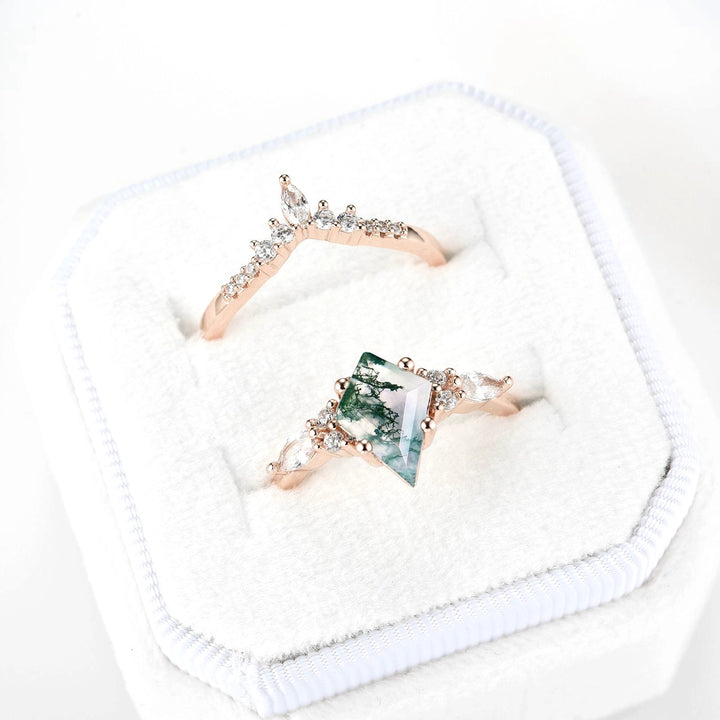 Skye Green Moss Agate Engagement Ring Set- 14K Solid Rose Gold