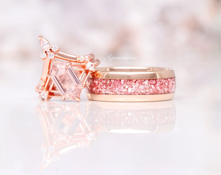 Celtic Hexagon Morganite Ring Set- 14K Solid Rose Gold