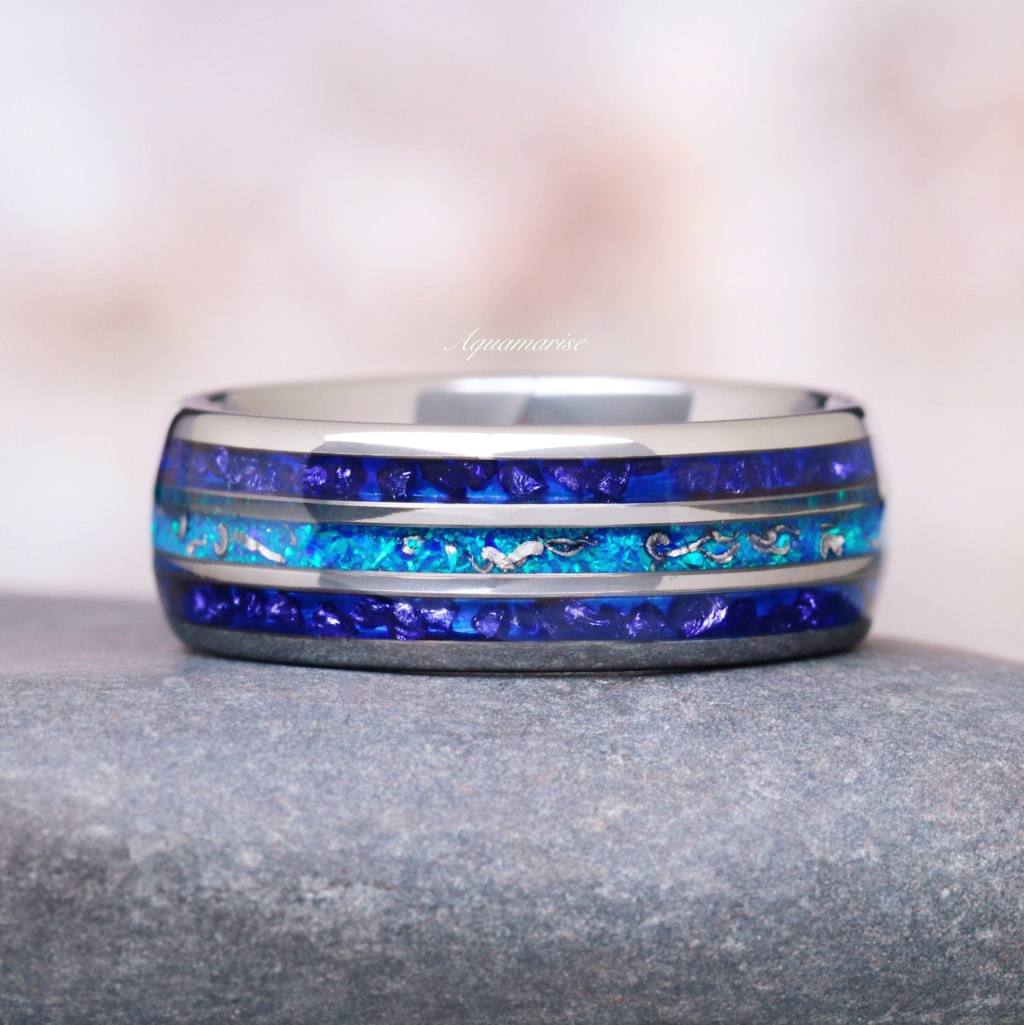 Blue Fire Opal, Meteorite Sapphire Wedding Band- 8MM Tungsten