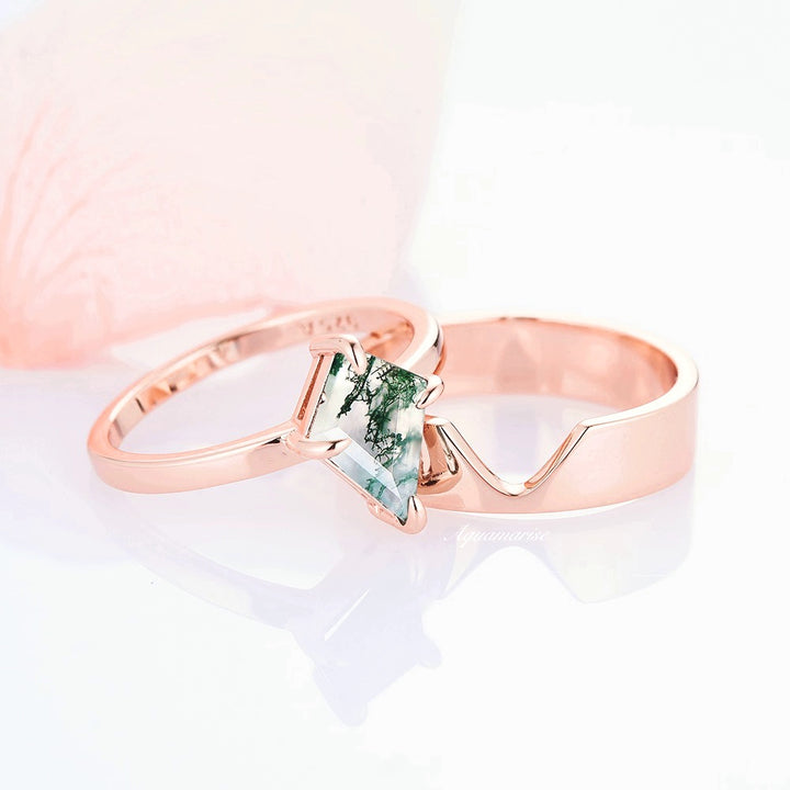 Minimalist Kite Green Moss Agate Ring- 14K Rose Gold Vermeil