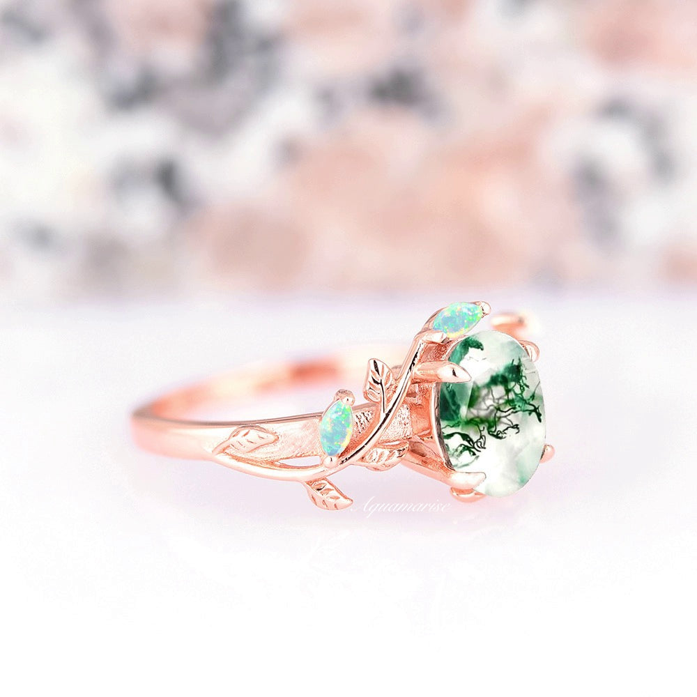 Green Moss Agate & Opal Leaf Ring- 14K Solid Rose Gold