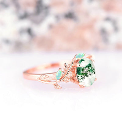 Green Moss Agate Opal Leaf Ring- 14K Rose Gold Vermeil Natural Agate Engagement Ring For Women- Unique Promise Ring Anniversary Gift For Her
