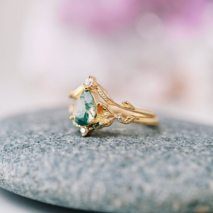 Airee Green Moss Agate Feather Ring Set- 14K Solid Yellow Gold