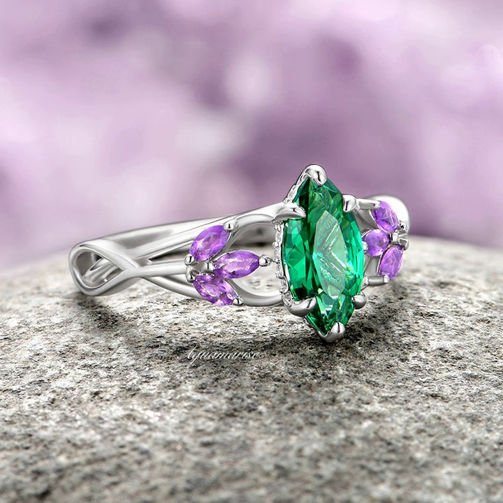 Emerald & Amethyst Mystical Fairy Ring- 14K White Gold