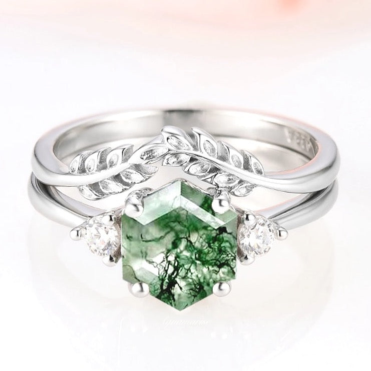 Natural Moss Agate Engagement Ring Set For Women- Hexagon Cut Alternative Engagement Ring