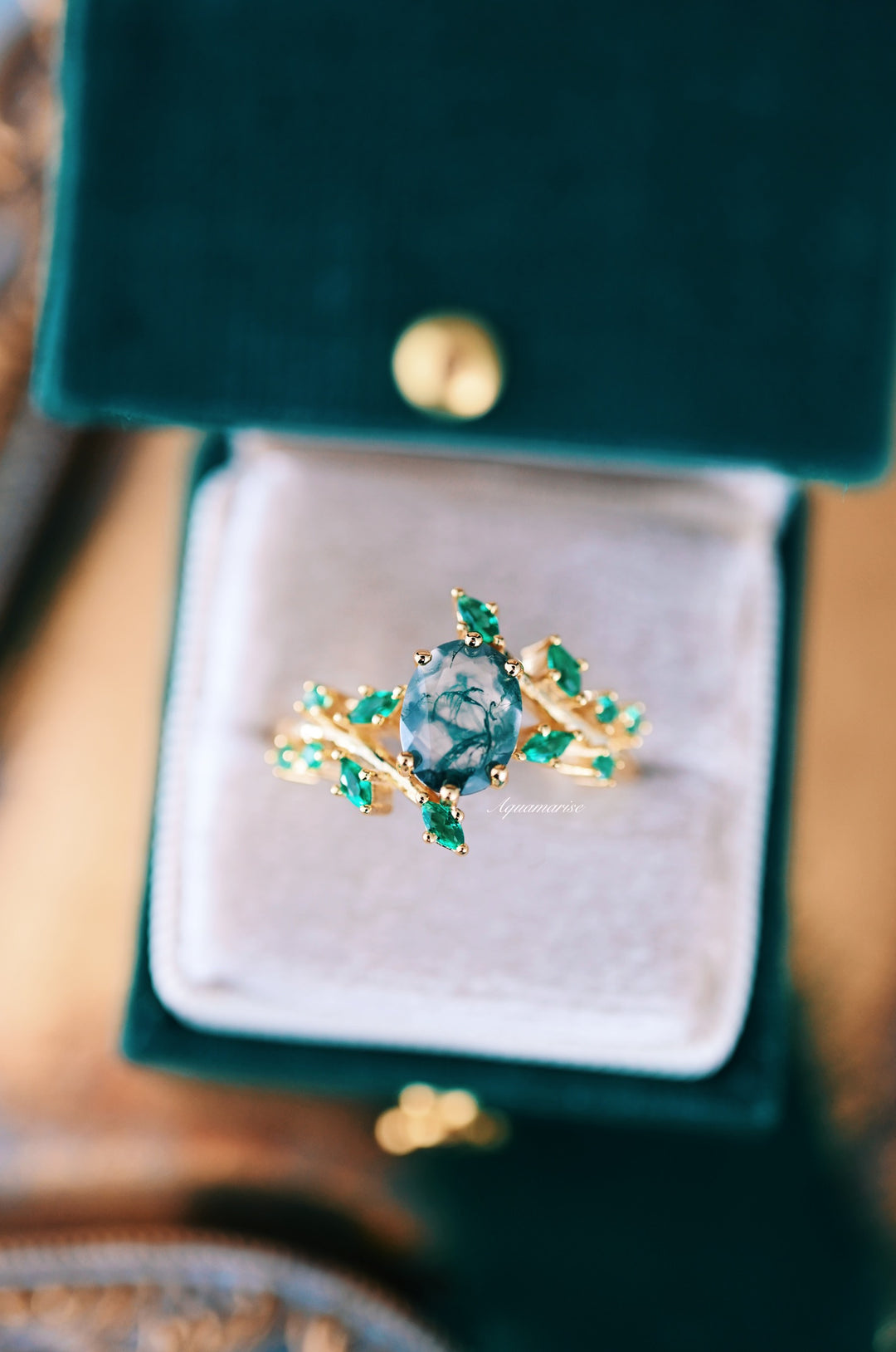 Green Moss Agate & Emerald Leaf Ring- 14K Solid Yellow Gold