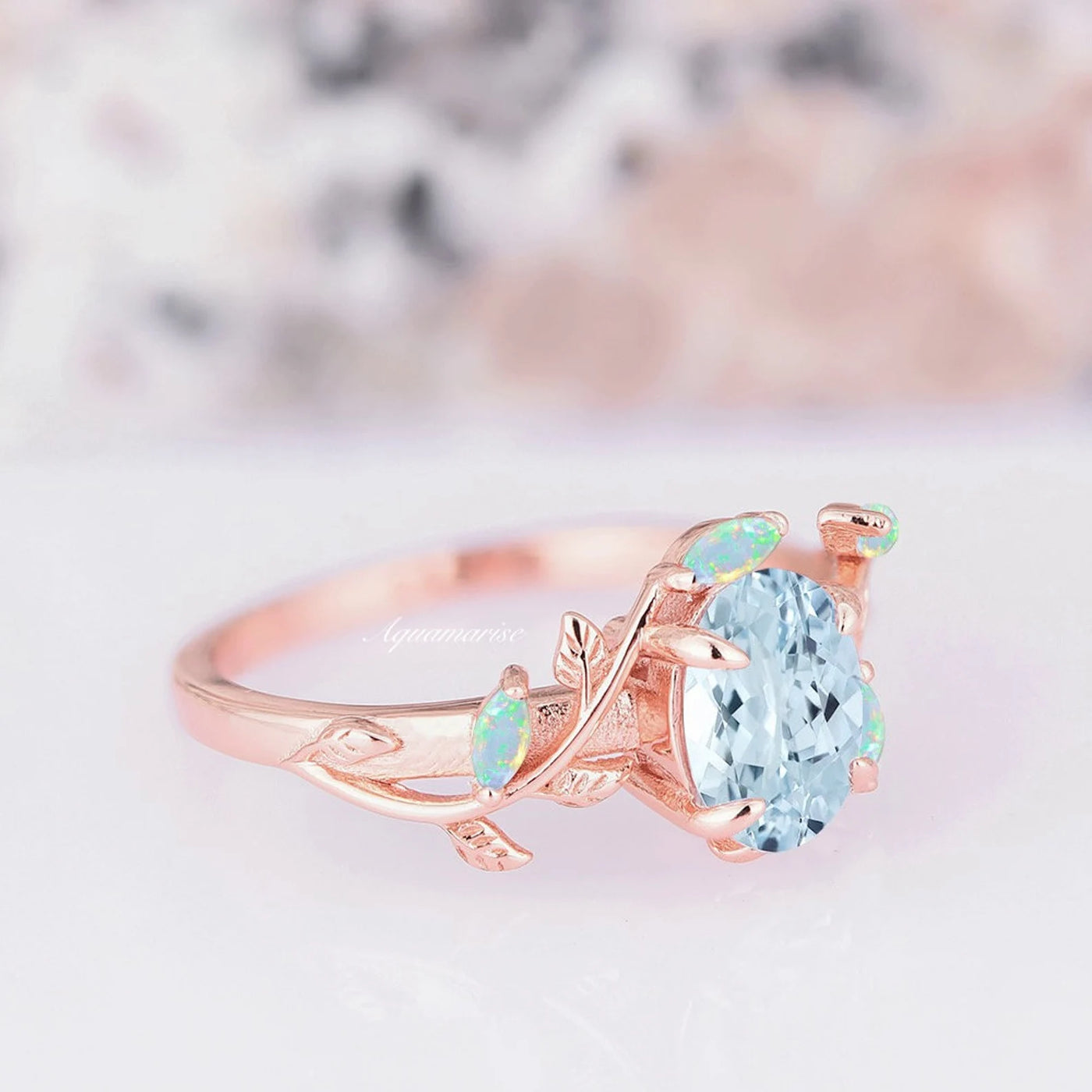 Aquamarine & Opal Couples Ring Set- His and Hers Wedding Leaf Band