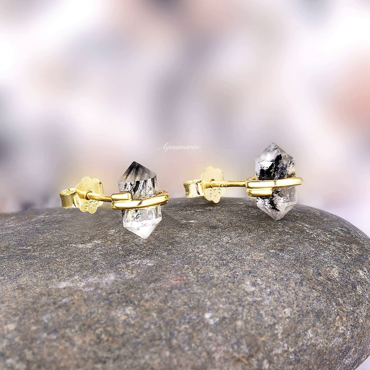 Galaxy Raw Salt & Pepper (Herkimer) Diamond Stud Earrings- 14K Yellow Gold Vermeil