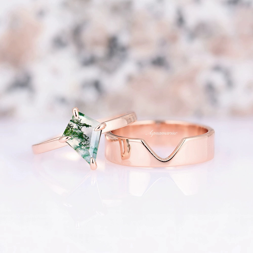 Minimalist Kite Green Moss Agate Ring- 14K Rose Gold Vermeil