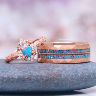 Blue Fire Opal & Guitar String Couples Ring Set