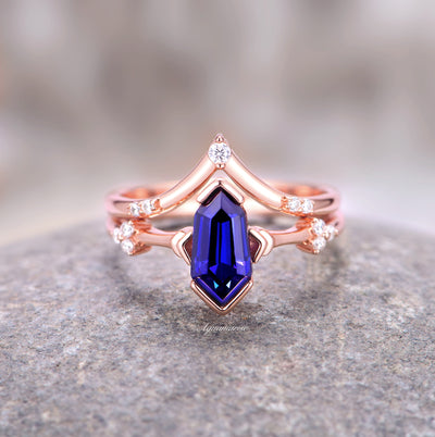 Coffin Cut Blue Sapphire Ring- 14K Rose Gold Vermeil Blue Engagement Ring For Women- Bridal Ring Set- Promise Ring- Anniversary Gift For Her