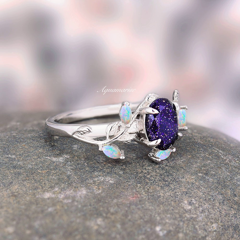 Starry Night & Australian Opal Leaf Ring- 14K White Gold