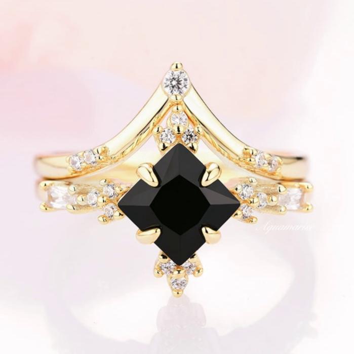 Black Onyx Ring Set- 14K Yellow Gold Vermeil