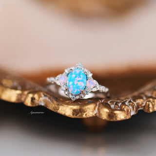 Blue Fire Opal & Opalescent Sapphire Leaf Engagement Ring in Sterling Silver