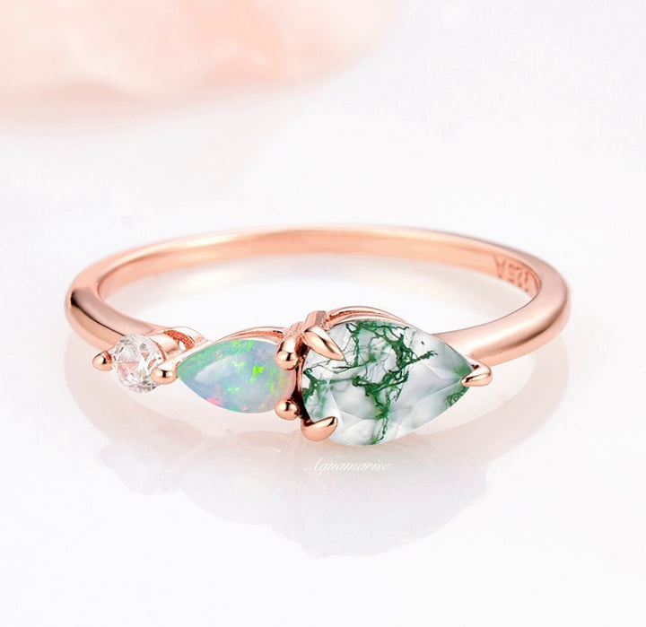 Natural Green Moss Agate & Fire Opal Ring- 14K Rose Gold Vermeil