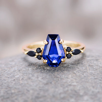 Coffin Cut Blue Sapphire & Black Diamond Ring 14K Gold Vermeil Engagement Ring For Women Bridal Ring- Promise Ring- Anniversary Gift For Her