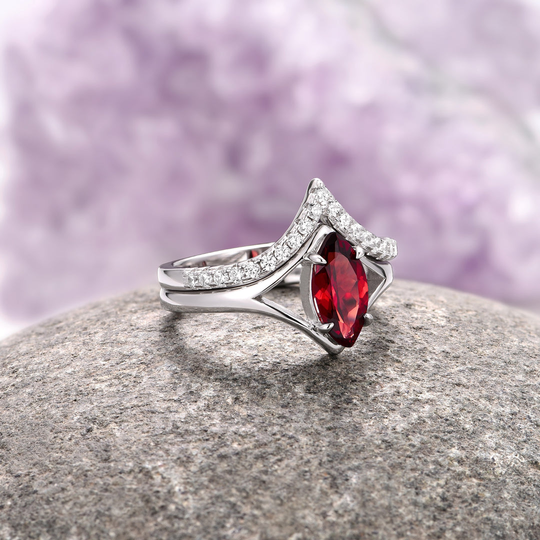 Natural Red Garnet Marquise Cut Wedding Ring Set- 14K White Gold