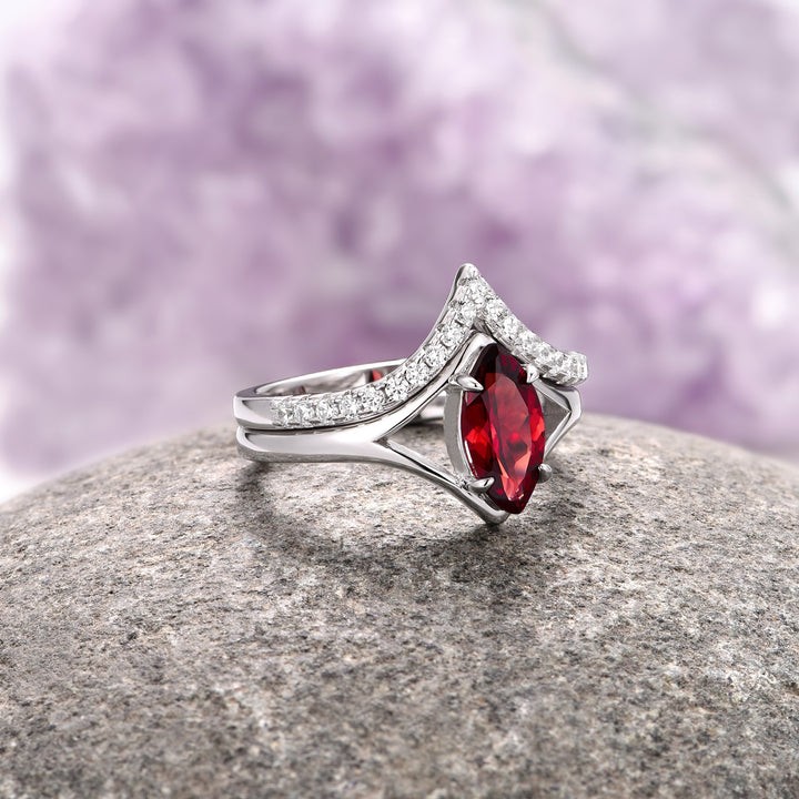 Natural Red Garnet Marquise Ring Set- Sterling Silver