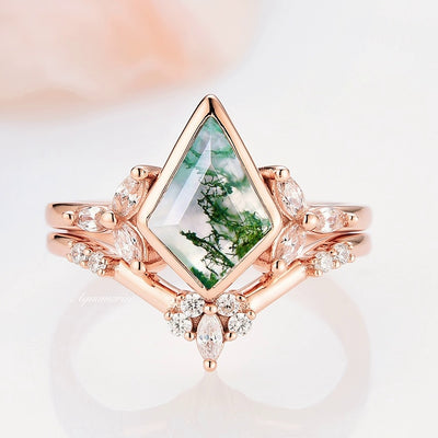 Kite Green Moss Agate Ring Set For Women- 14K Rose Gold Vermeil Natural Agate Engagement Ring