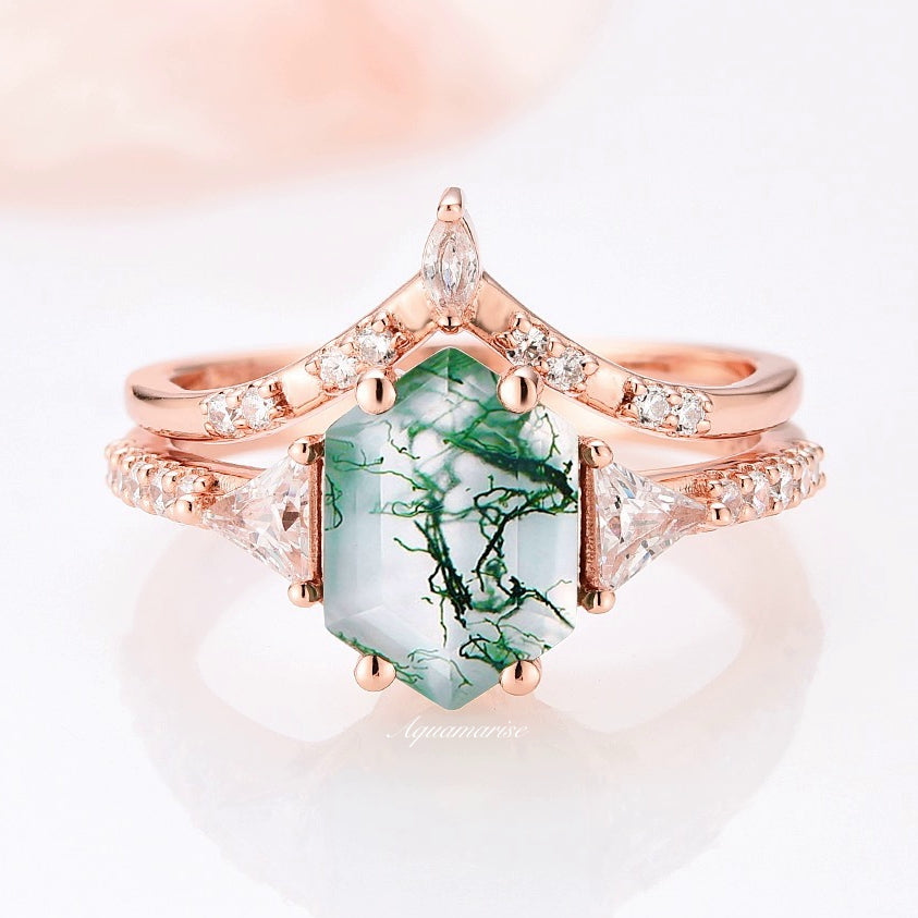 Hexagon Green Moss Agate Ring Set For Women 14K Rose Gold Vermeil Natural Agate Engagement Ring Dainty Promise Ring Anniversary Gift For Her